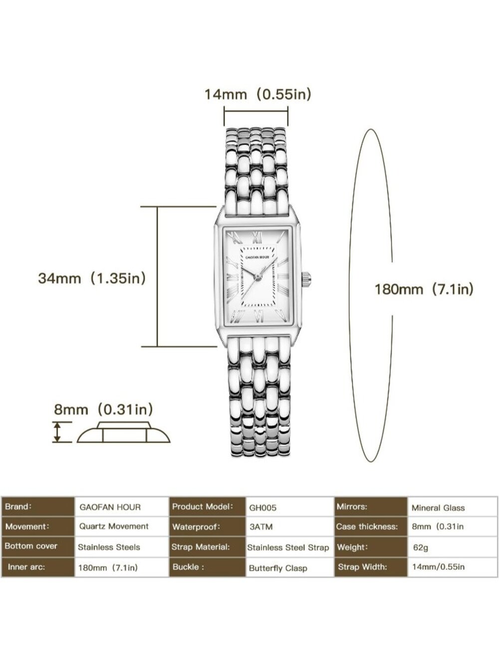 Women's White Silver Vintage Rectangular Case Stainless Steel Band Wrist Watches - Picture 4 of 6